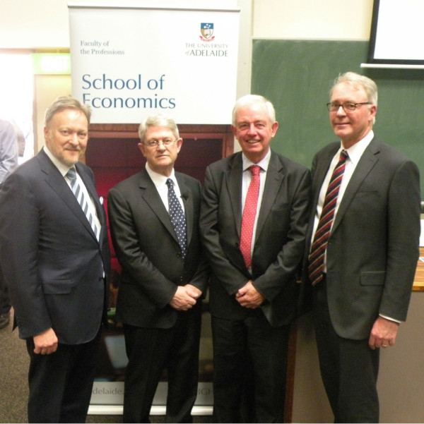 From left: Professor Warren Bebbington, Vice Chancellor, Professor Bruce Chapman, Mr Peter Fisher and Professor Paul Kerrin. 